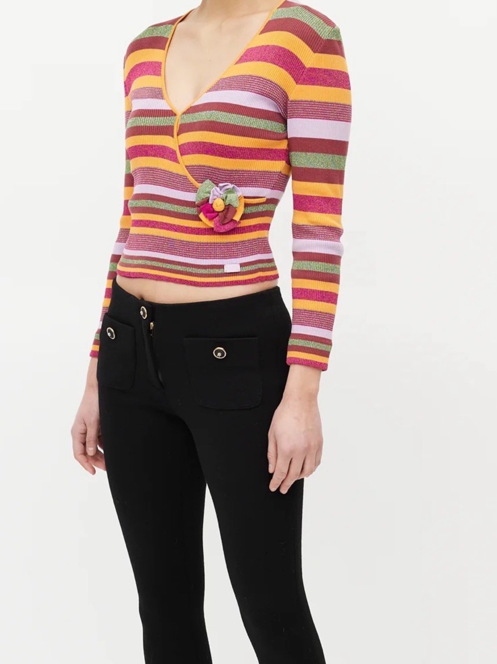 Chanel Boutique vintage Multicolor Lurex Stripe Camellia wrap style Sweater.